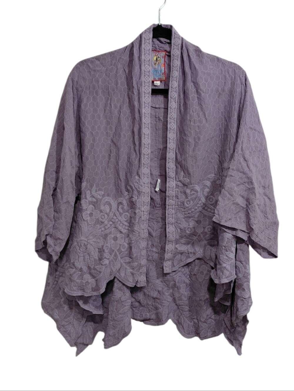 Johnny Was Lavender Embroidered Open-Front Kimono